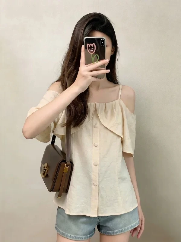 

Ladies Summer New Style Big Size Micro Fat Beautiful Top Women's Short Sleeve Shirt Shoulder Bared One Shoulder Hong Leaf