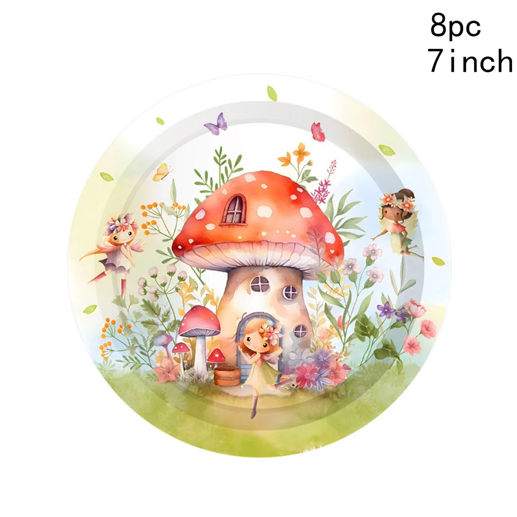 Fairy Mushoroom House Disposable Tableware Girls Fairy Princess Paper Plates Napkins Happy Fairy 1st Birthday Party Supplies