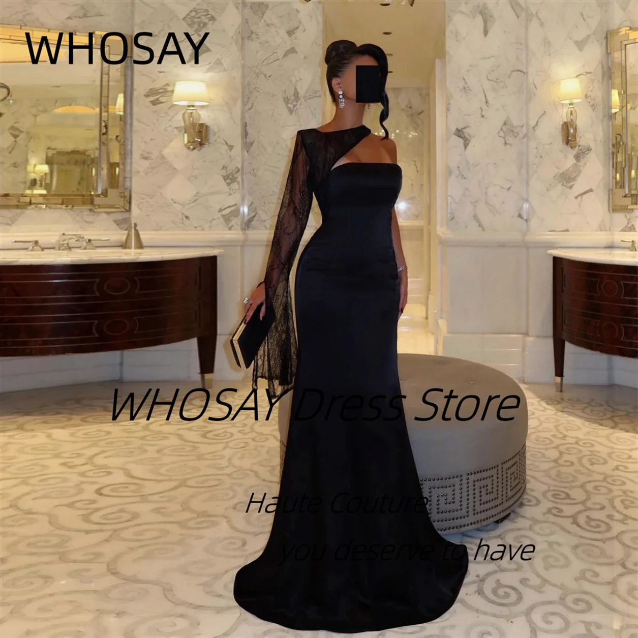 

WHOSAY Customized Black Prom Dresses Strapless Lace Long Sleeve Women's Evening Dress Sexy Back Saudi Party Gowns