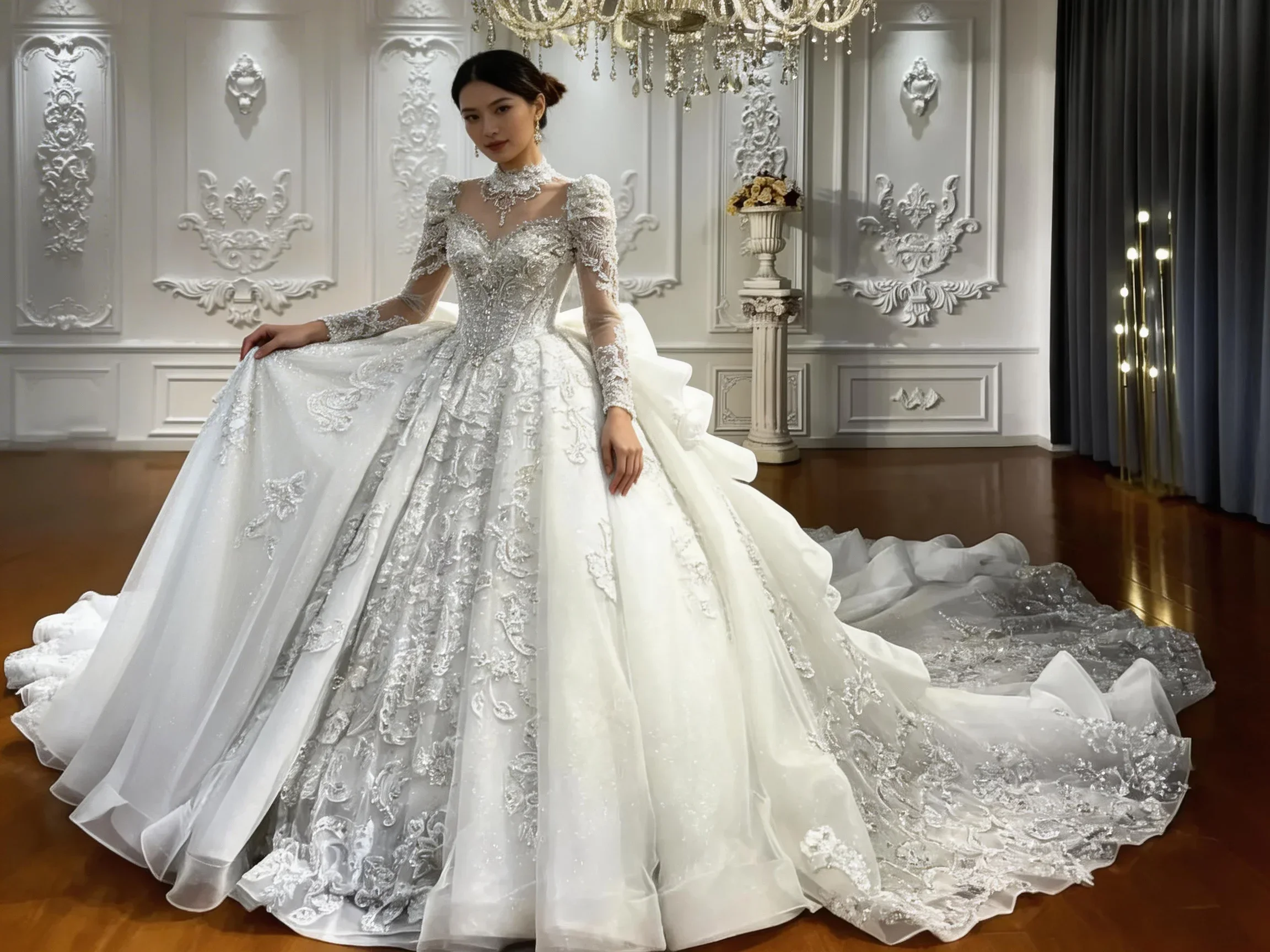 

2025 Luxury Crystal Beaded Handmade Wedding Dress Ruffle Lace Cathedral Train customized Bridal Dress vestido de novia robe