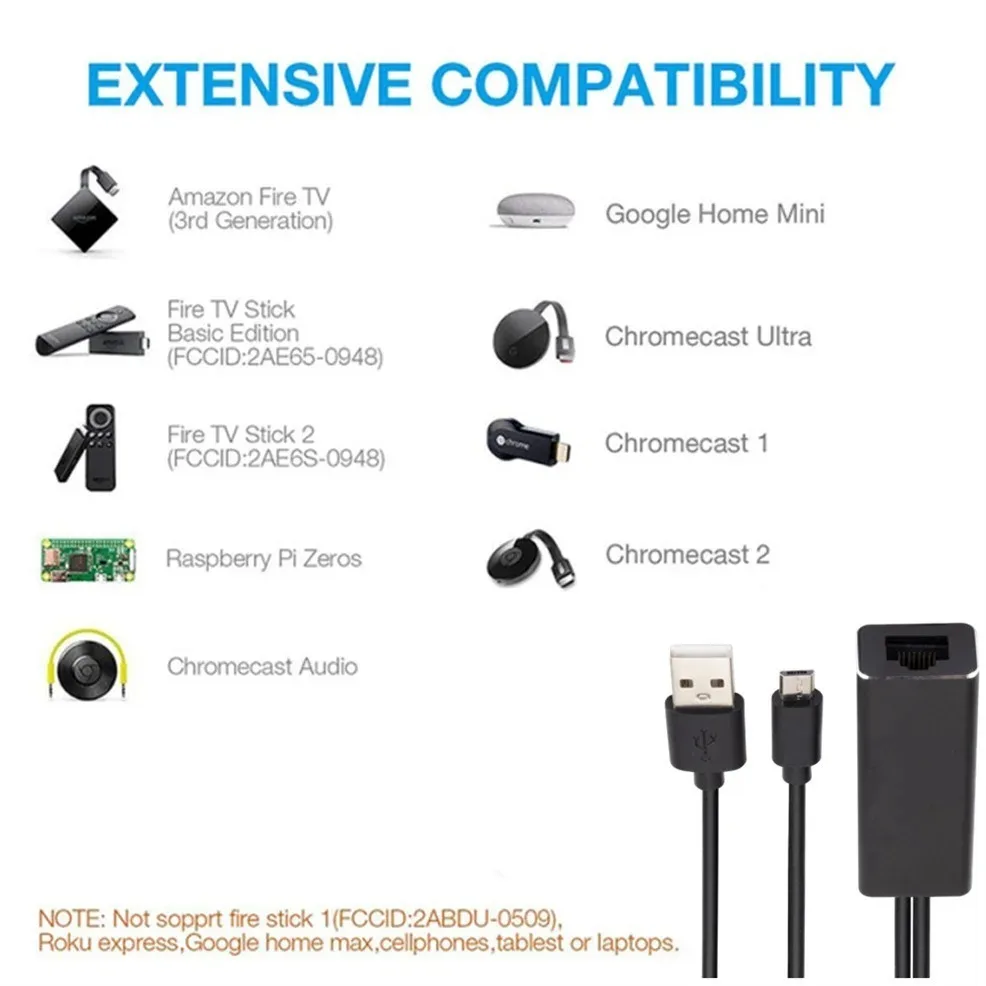 Adaptor kartu jaringan Ethernet, USB 2.0 ke RJ45 daya USB mikro ke RJ45 10/100Mbps untuk stik TV api Chromecast Google