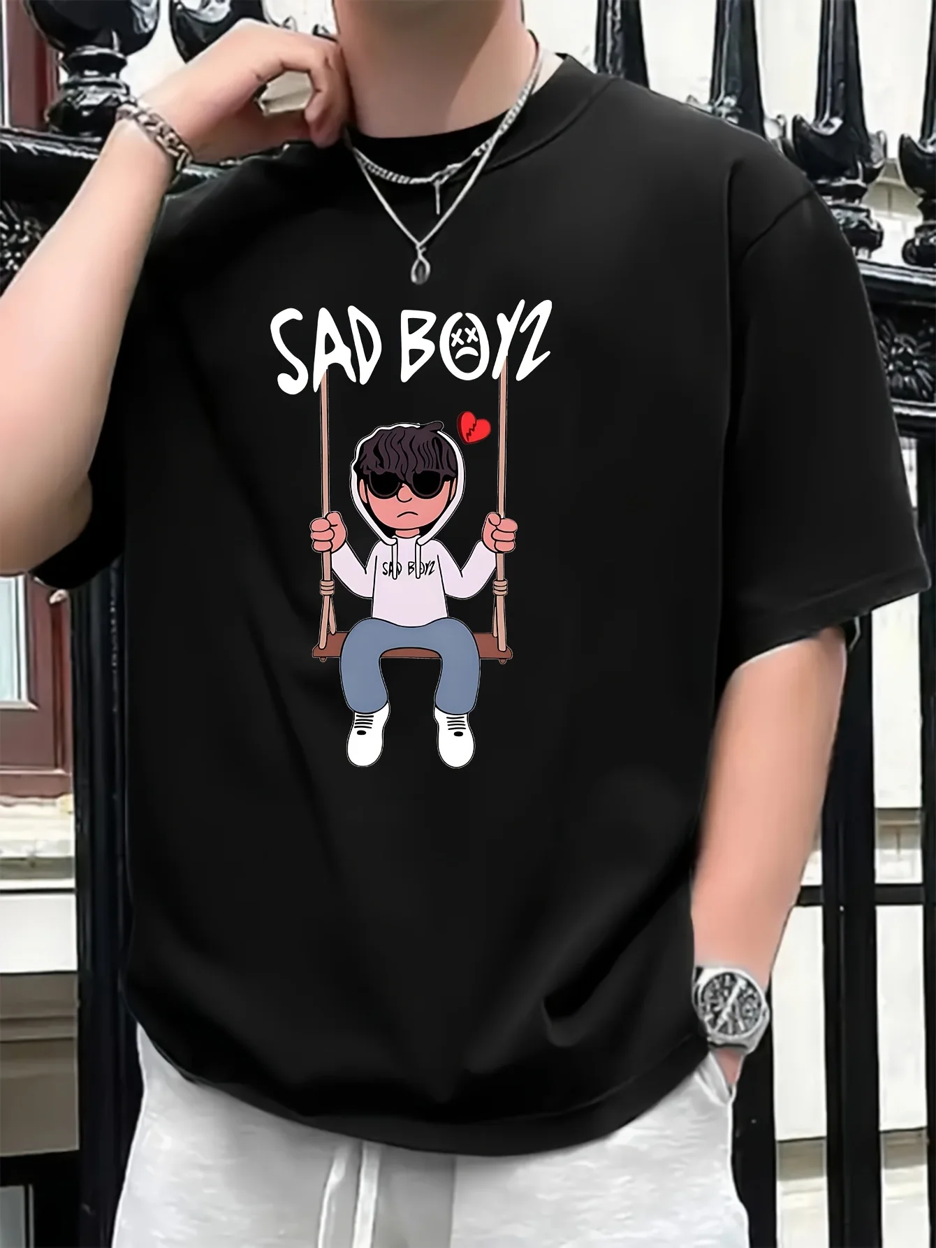 

Melancholic Boy Design Printed Short Sleeve T-Shirt for Men, Summer Fit Trendy Crewneck Tee for Outdoor Street Casual Wear