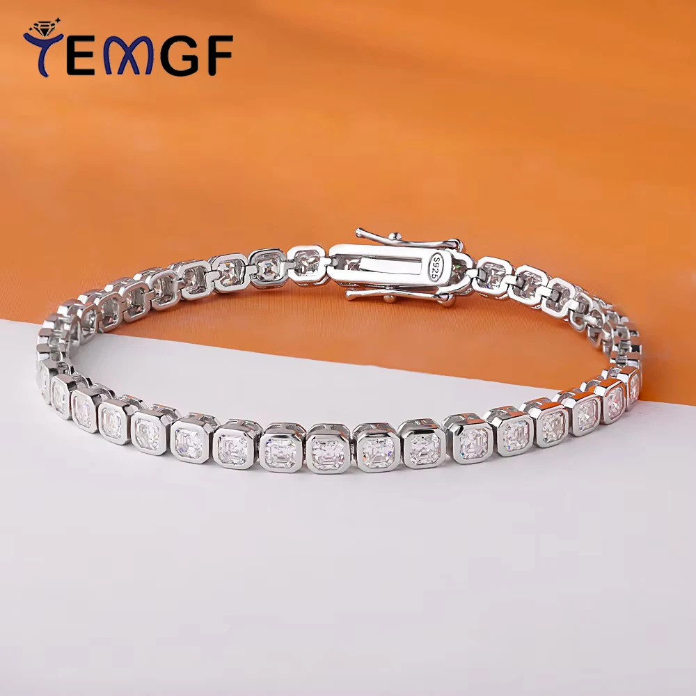 

TEMGF Full 3*3mm Asscher Cut Moissanite Bracelet S925 Sterling Silver Chain for Men Women Simple Fine Jewelry GRA Certification