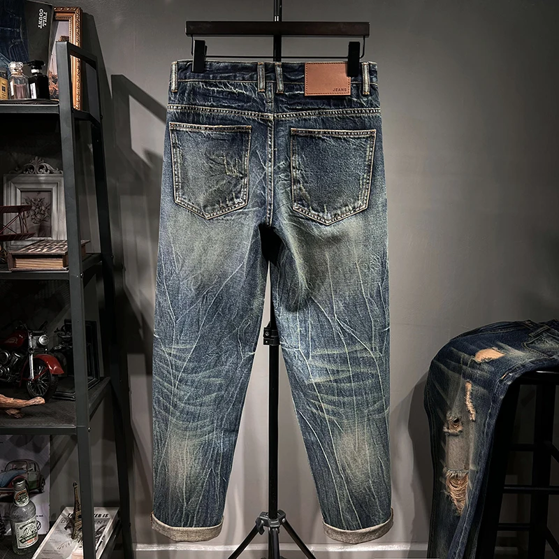 100％ Cotton Plus Size 46 48 Men Oversized Straight Harem Jeans Distressed Classic Dark Blue Denim Pants Fashion Male Trousers