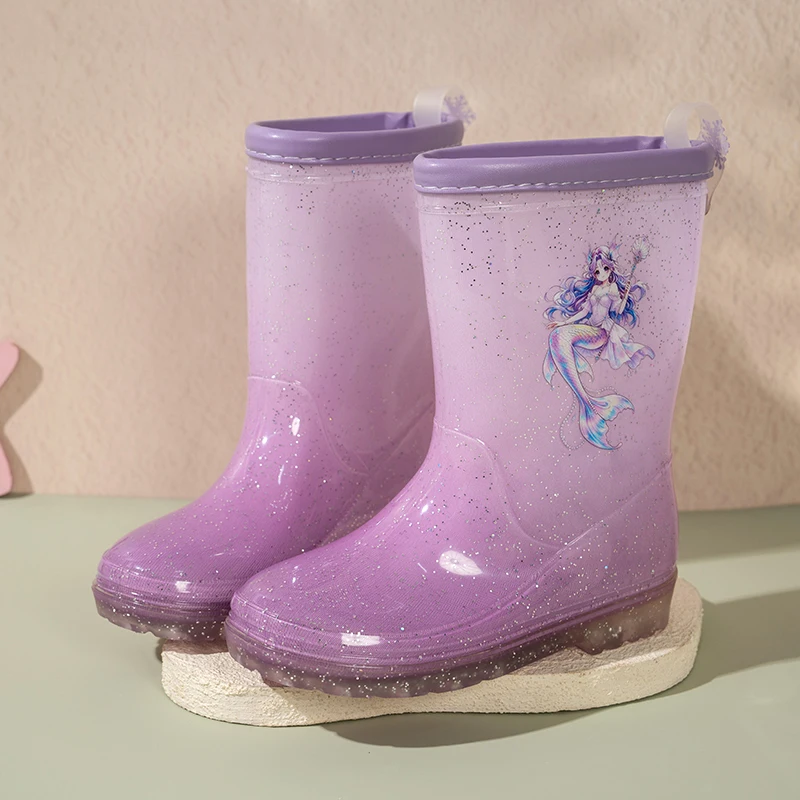 Toddler Girls Pink Glitter Rain Boots Mermaid Print Waterproof Soft Non-Slip Rubber Sole for Outdoor Rainy Season Daily Wear