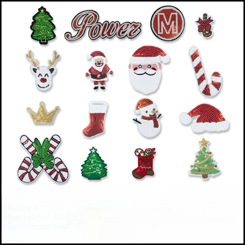 1Pcs Sparkly Christmas Beaded Patch, Iron on Santa Snowman Reindeer Tree Rhinestone Applique for DIY Clothes & Bags Craft