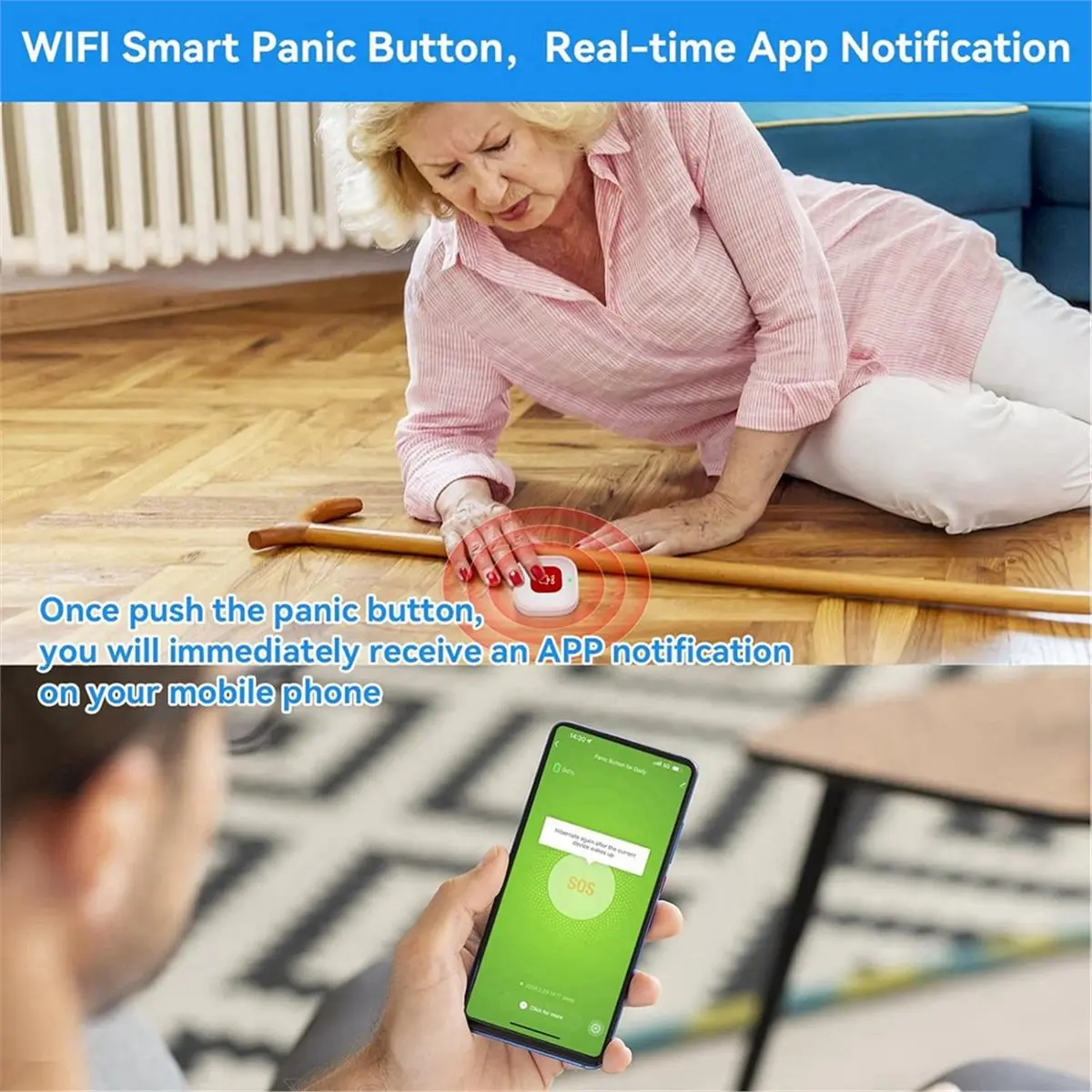A86G NEW Tuya WiFi Caregiver Call Button for Elderly W App Notification,Life Alert System,Elderly Monitoring,Caregiver Pager