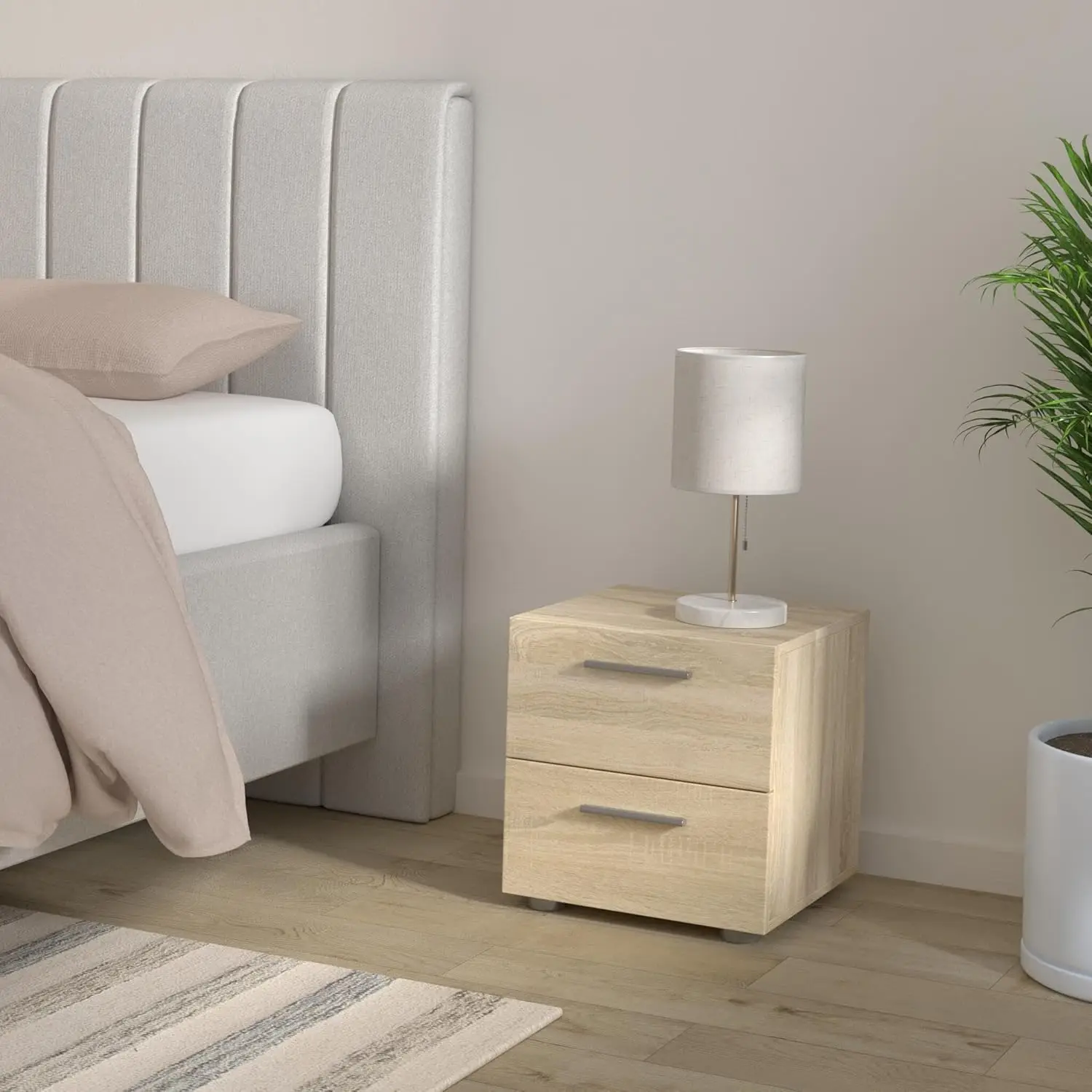 

, Тумбочка с двумя ящиками для спальни, современные серебряные ручки для ящиков, современный, дуб