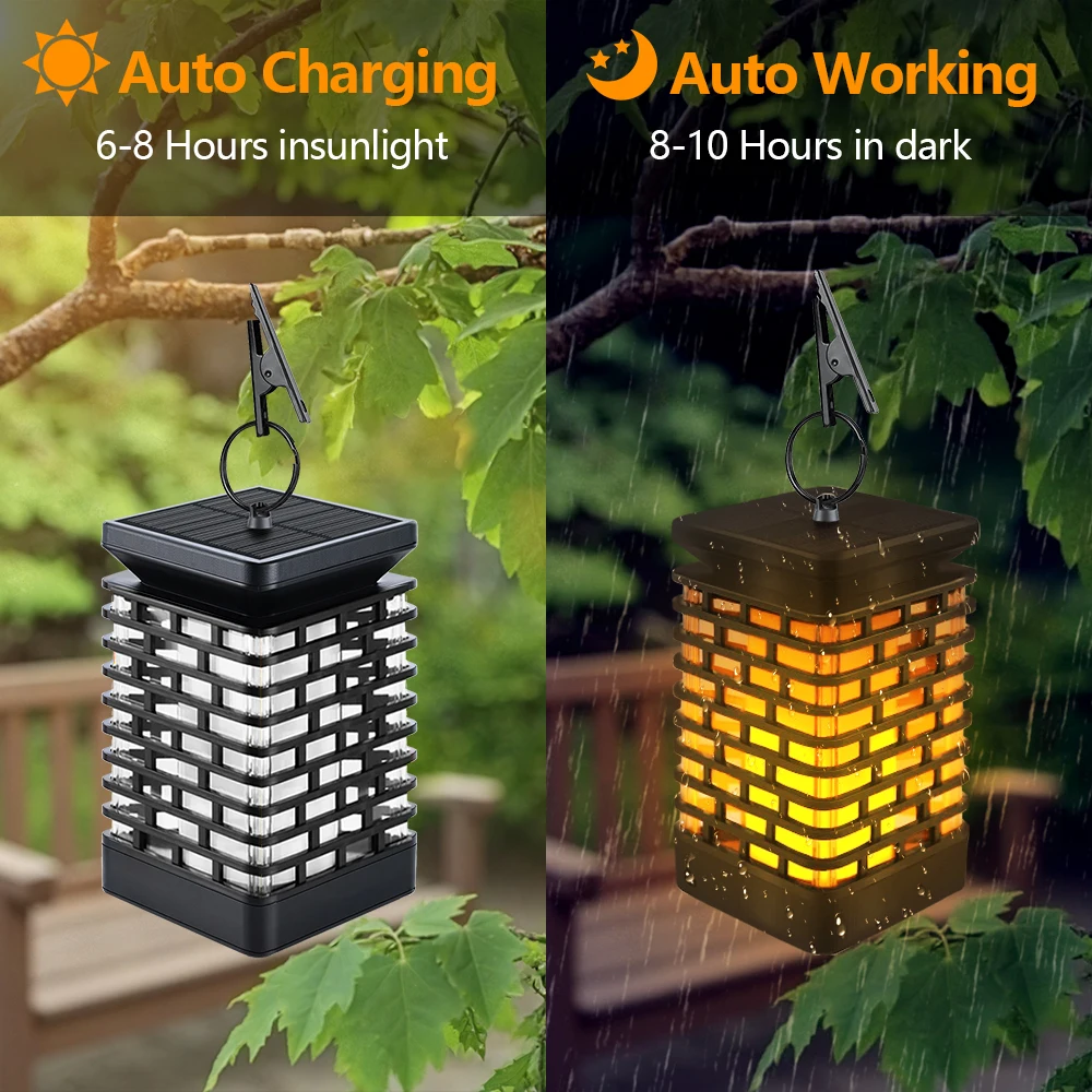 E2 Solar Hanging Lanterns 1PCS Garden LED Flickering Flame Lights Solar Powered Lamp Landscape Light Fence Patio Pathway Decor