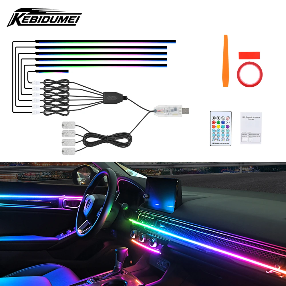 10/6/1in1 Car LED Acrylic Light Strip RGB Symphony Streamer Interior Dashboard Decoration Atmosphere Lamp Remote/APP Control