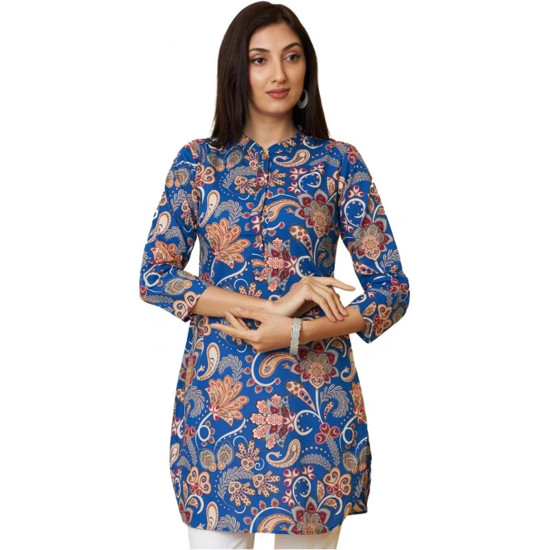 

Women's Blue Floral Printed Pure Cotton Tunic Kurti