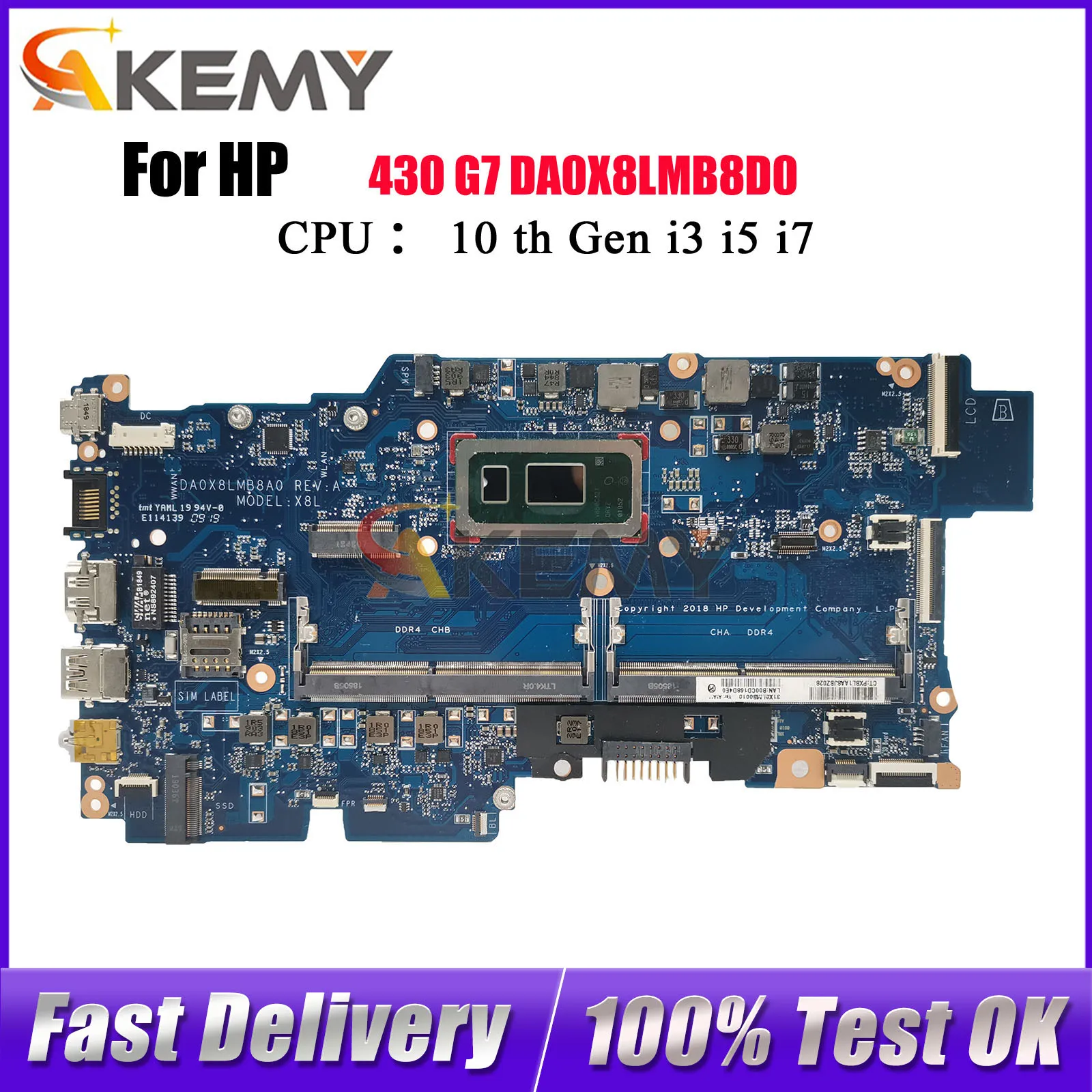 

DA0X8LMB8D0 Laptop Motherboard For HP ProBook 430 G7 With i3 i5 i7 10th Gen CPU DDR4 L77217-601 L77221-601 100% Fully Tested