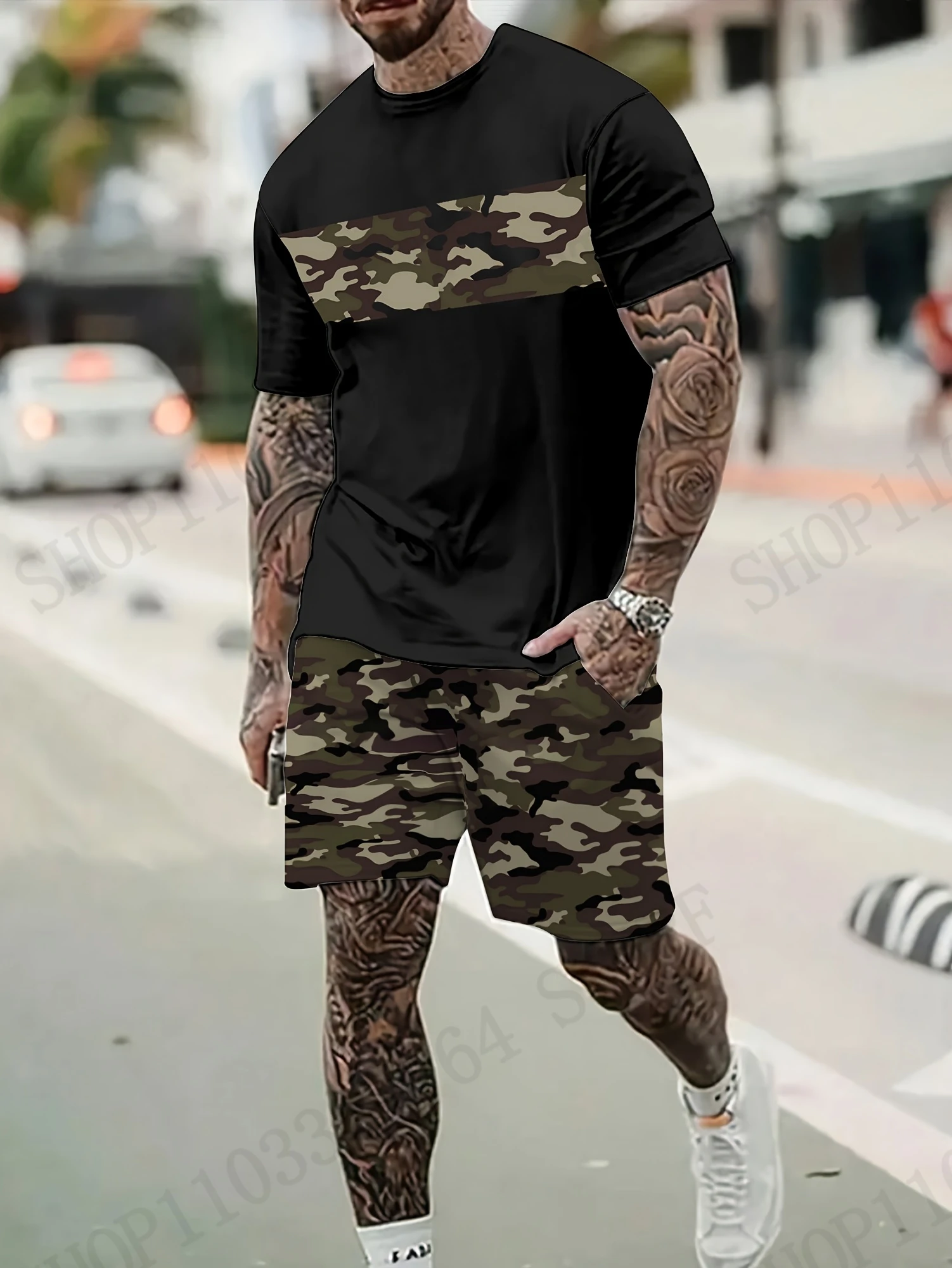 

Men's T-shirt Sets Sportwear Camouflage 3d Print T-shirt+Shorts 2Pcs Set Outdoor Camo Tracksuit Suit Men Clothing Fitness Outfit