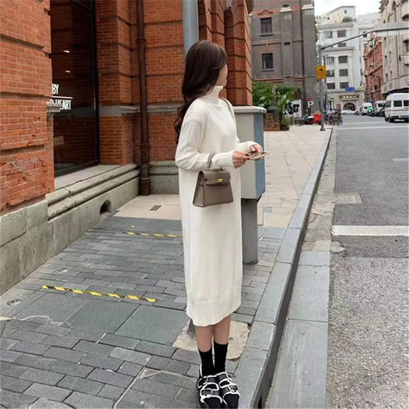 Abito lungo lavorato a maglia da donna primaverile Autunno Inverno Maglione allentato da donna Pullover Dolcevita Abiti casual solidi Donna Плаusе