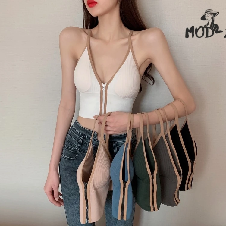 

Modx-Inside Design Sense Zip Beauty Back V-neck Camisole Vest Female External Wear Small Chest Gathered Underwear New 2022