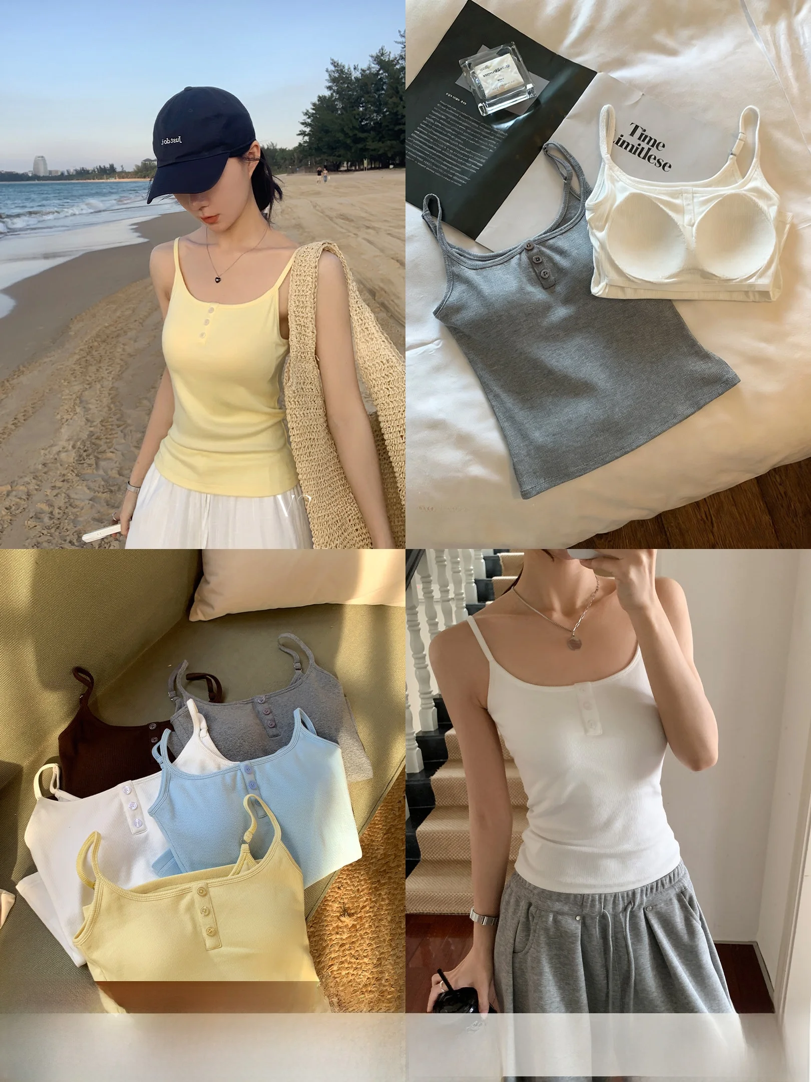 Comfortable Women's Tank Top with Built-in Bra Pad Versatile ort Sve U-ne Cotton Blend Summer Inner Wear Slimming Effect