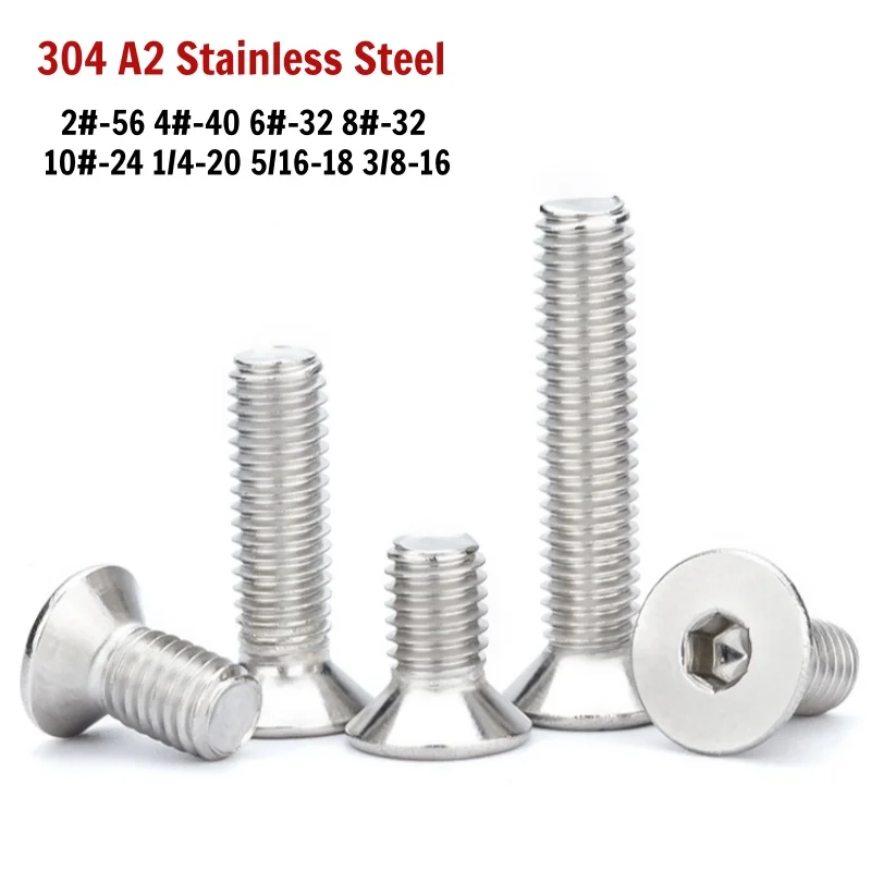 2#-56 4#-40 6#-32 8#-32 10#-24 1/4-20 5/16-18 UNC 304 Stainless Steel Hex Hexagon Socket Countersunk Flat Head Screw Allen Bolt