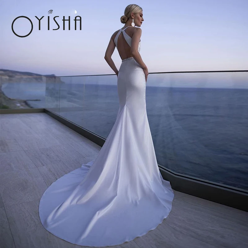 OYISHA Elegant Backless Wedding Dress Mermaid Halter Simple Satin Bridal Gown Deep V-Neck Beadings Belt Robe De Mariée For Bride