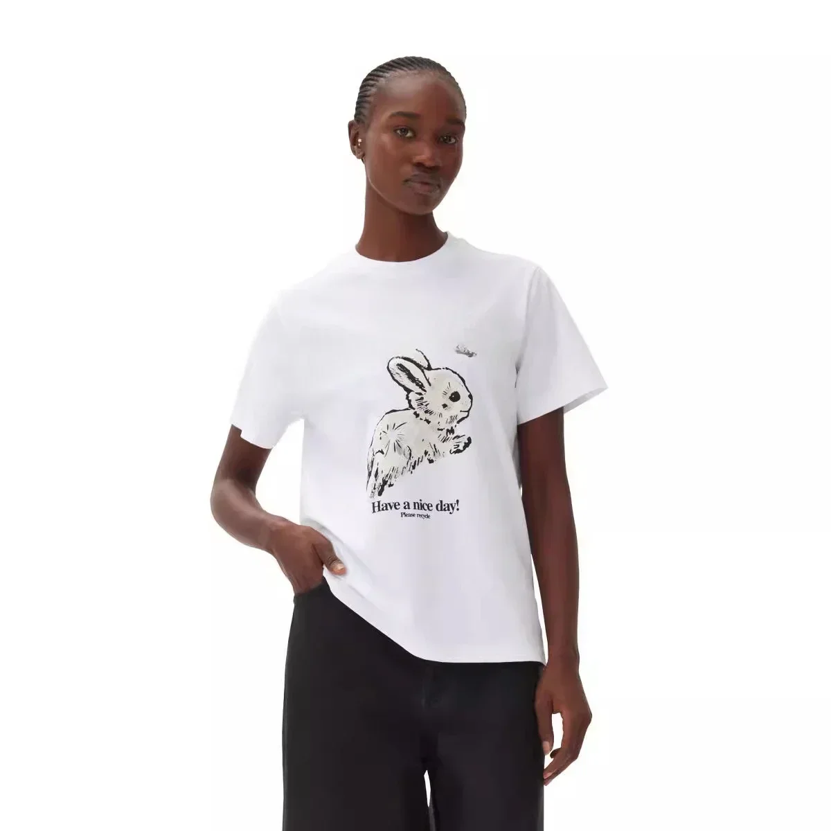 

France 2024 Spring/summer Small Animal Series Rabbit Print Youth Casual Top Round Neck Short-sleeved T-shirt