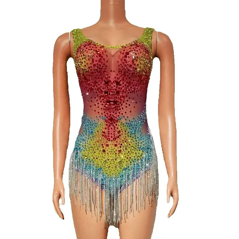 Bunte Strass Fransen Body Frauen Party Jazz Dance Kleidung Bar Dj Ds Party Drag Queen Outfit Gogo Kostüm XS9550