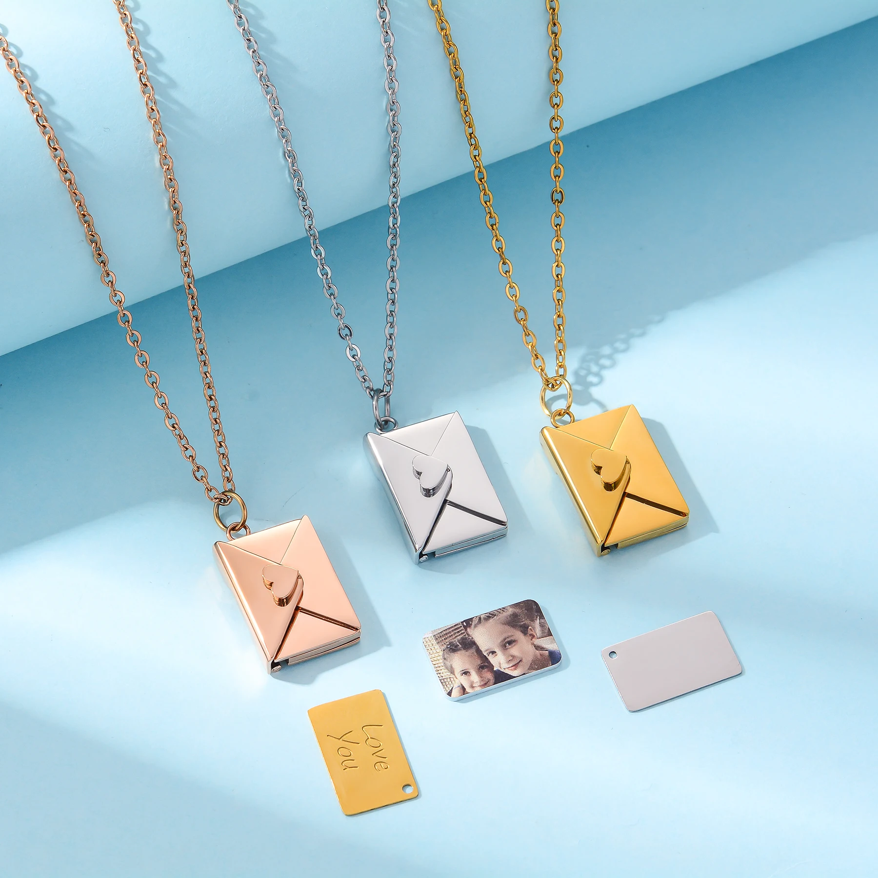 Personalized Envelope Locket Necklace Stainless Steel Custom Photo Pendant Necklace for Couple Friendship Memorial Jewelry Gift