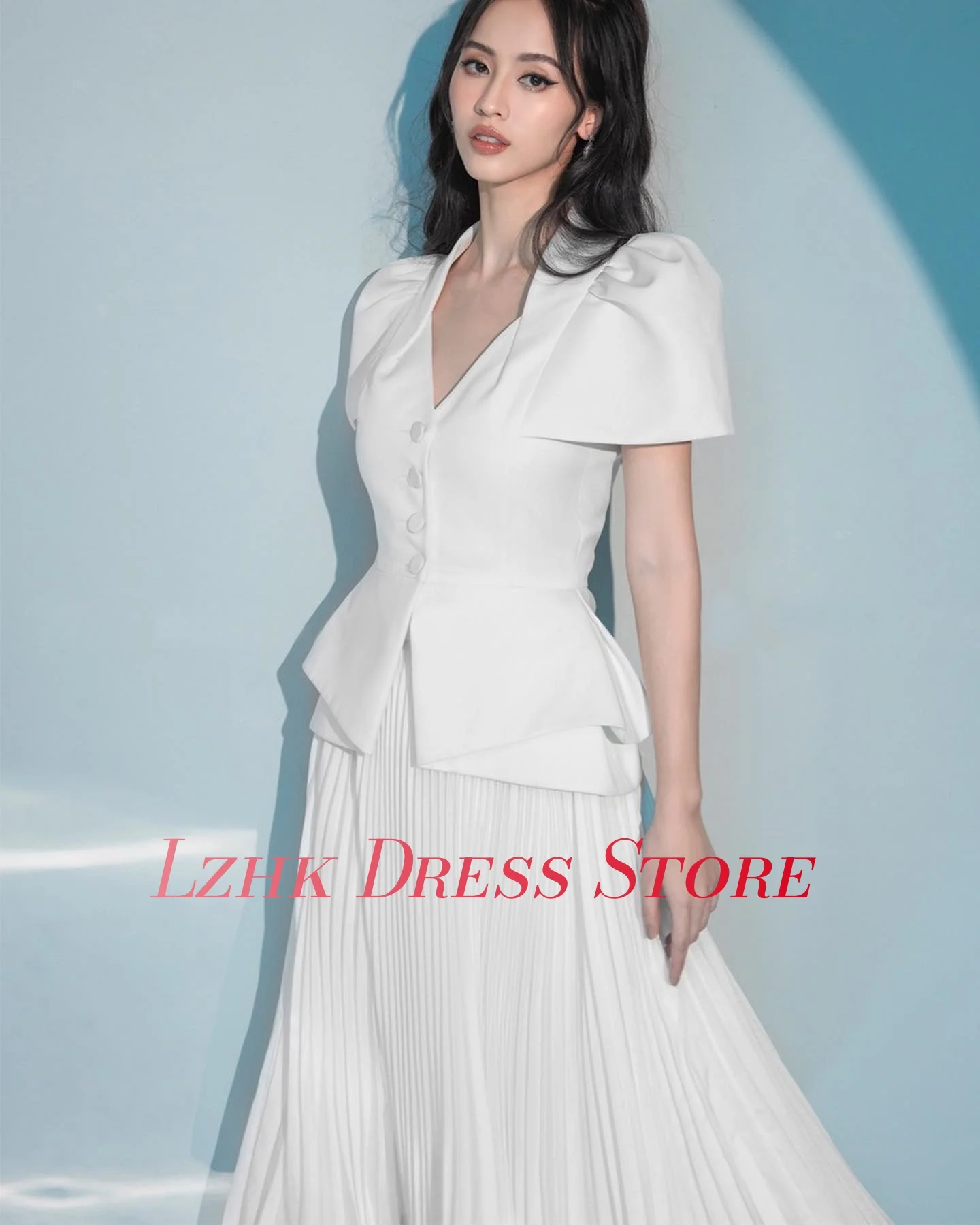 カスタマイズされたクラシックジャージーAラインボタンイブニングドレス繊細な半袖Vネックティーレングス