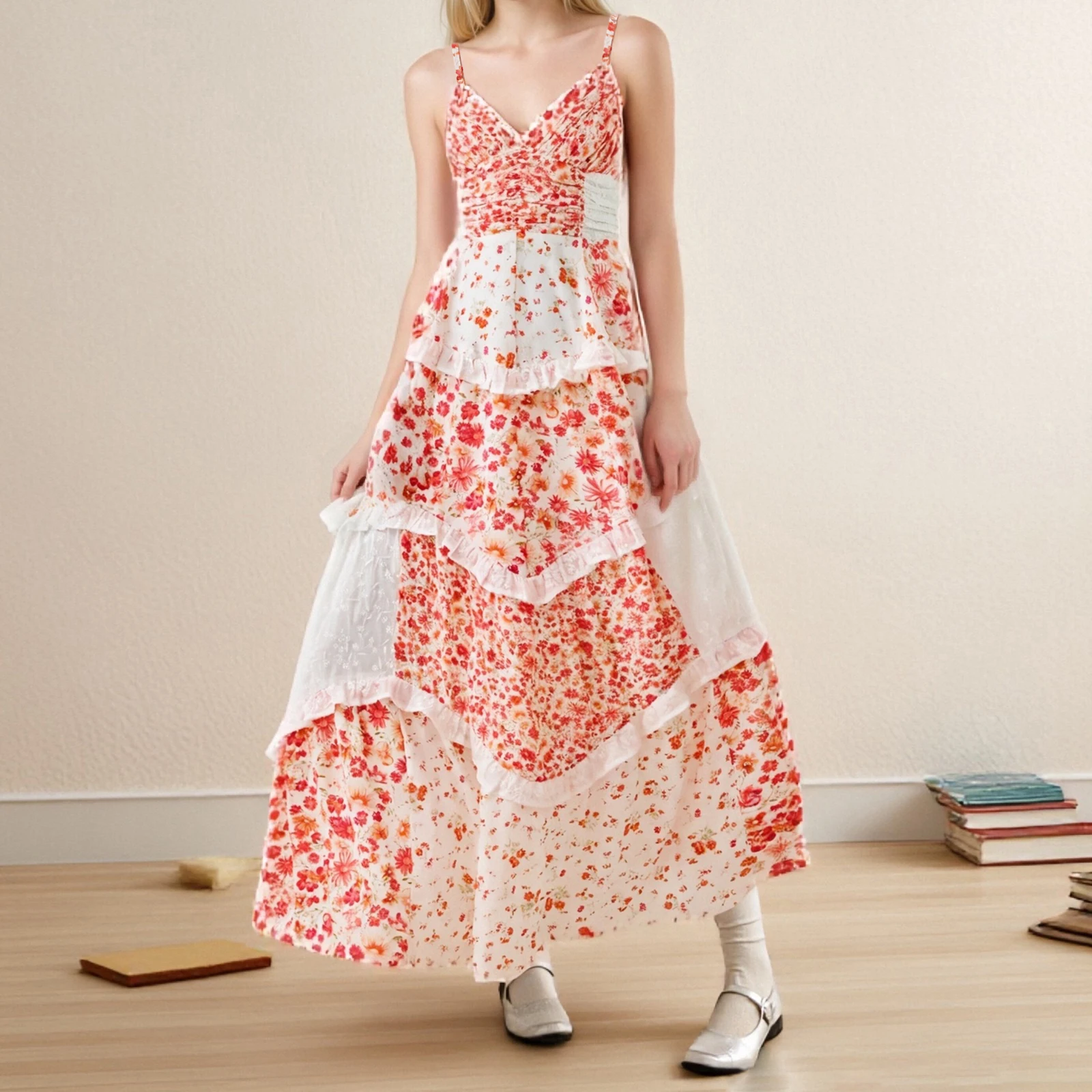 Abito lungo estivo da donna di nuova moda, senza maniche, aperto sul retro, scollo a V, stampa floreale, abito da spiaggia, vendita calda SML