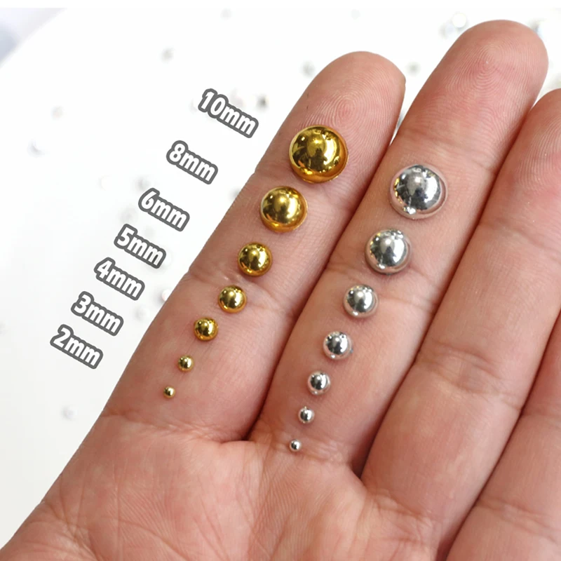 Shiny Gold Silver Mix Sizes 2mm-10mm Half Round Beads Imitation Pearl ABS Resin Flat Back Glitters For DIY Nail Craft Decoration