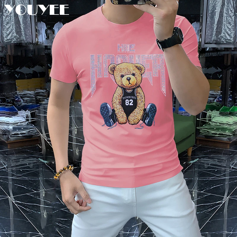 

Men's Printed Bear T-shirt Summer Fashion Brand Slim Mercerized Cotton Male Short Sleeve Hot Rhinestone Pink Tees Mens Clothing