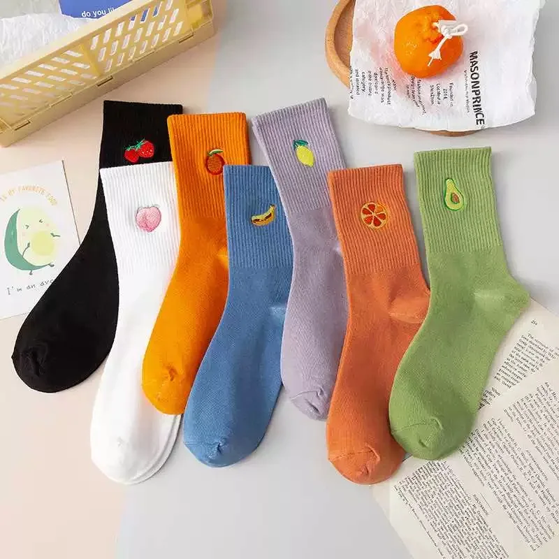 Simple Sports Fruit Embroidery Cute Cotton Socks Women\'s Breathable Colorful Casual Middle Tube Socks Hipster Daily Soft Sock