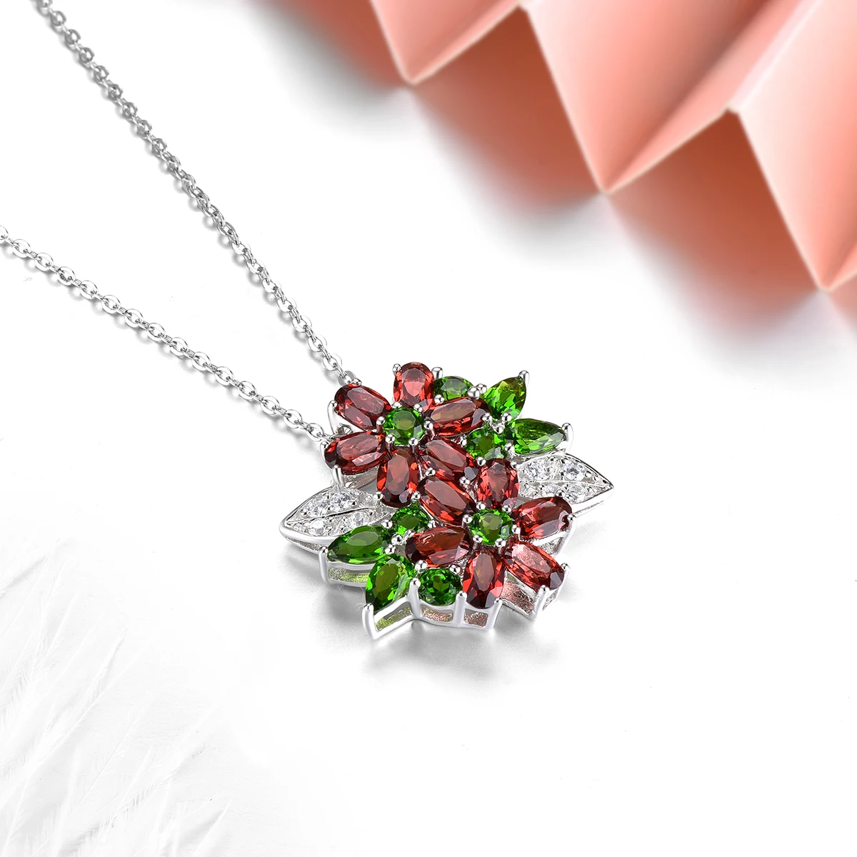 Natural Garnet Diopside Sterling Silver Pendant 5.5 Carats Genuine Multicolor Gemstone Romantic Wedding Anniversary Fine Jewelry