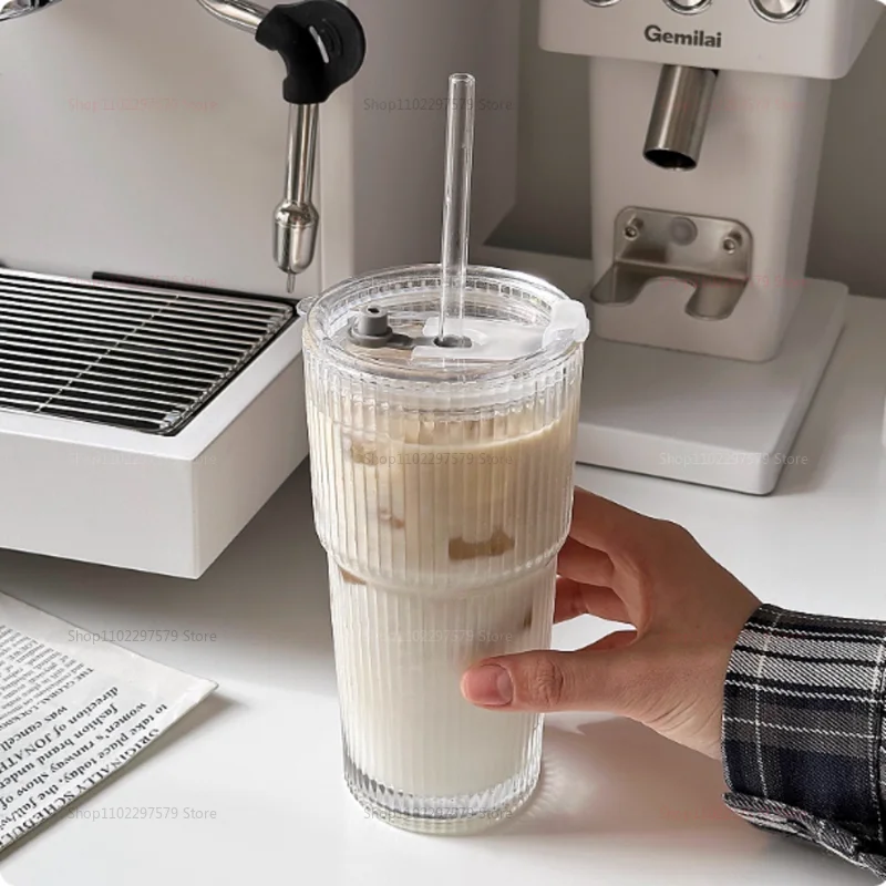سعة كبيرة مع غطاء وقش كوب زجاجي بنمط عمودي كوب شاي فواكه كوب ماء للشرب كوب قهوة ثلج كوب شرب كوب شرب