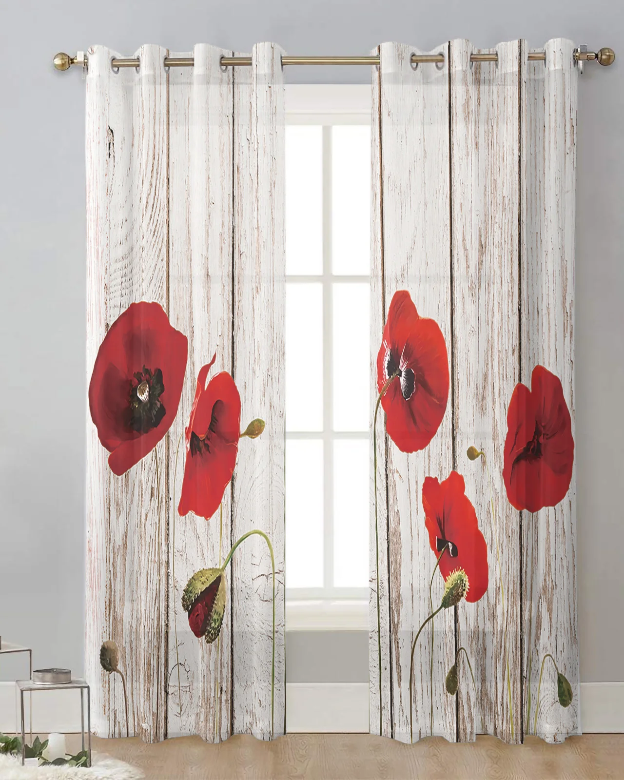 Imagem -05 - Poppy Flower Cortinas Sheer Textura de Madeira Vintage Red Tulle Voile Cortinas Sala Decoração Janela da Cozinha