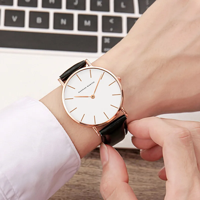 ハンナマーティン-男性用ピンクゴールドダイヤル腕時計,耐水性,高級ファッション,日本のクォーツムーブメント,革,高品質