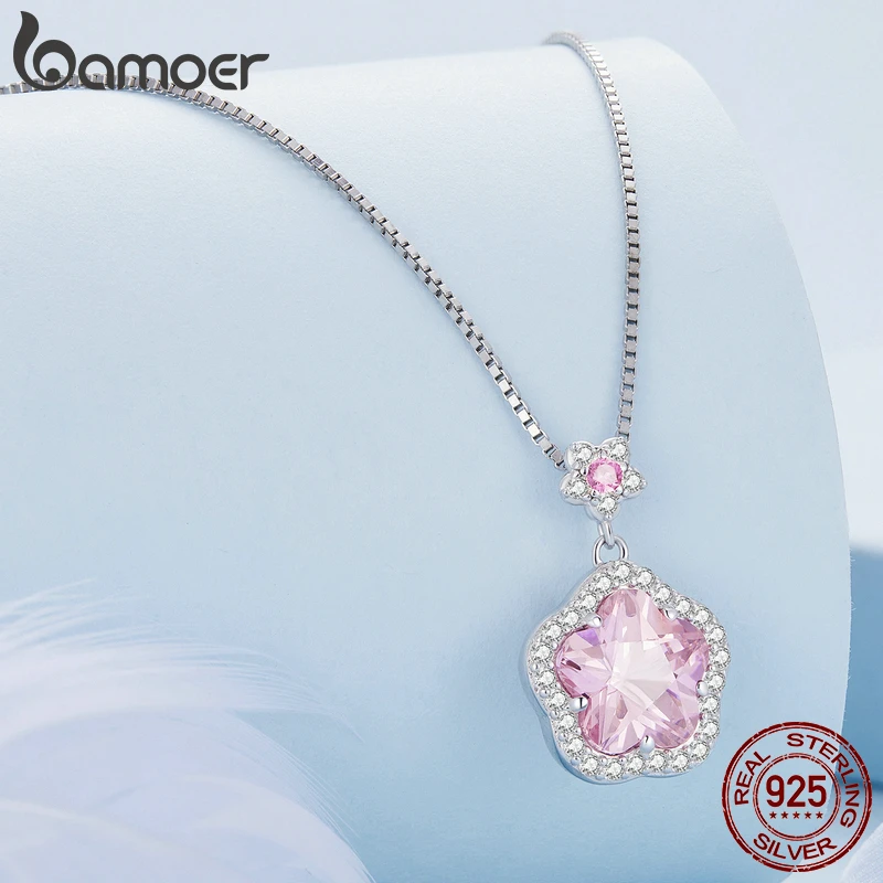 Bamoer 925 Sterling Silver Pink Flower Pendant Necklace Little Star Neck Chain Pave Setting CZ for Women Valentine\'s Day Gift