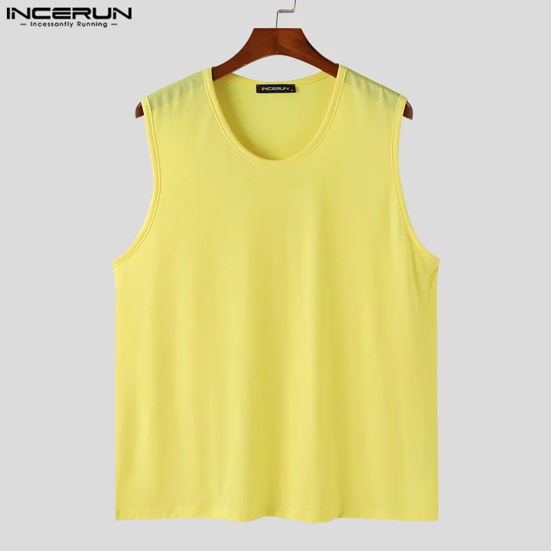 INCERUN Men Tank Tops Solid O-neck Sleeveless Summer Casual Male Vests Streetwear 2024 Loose Breathable Fashion Men Clothing