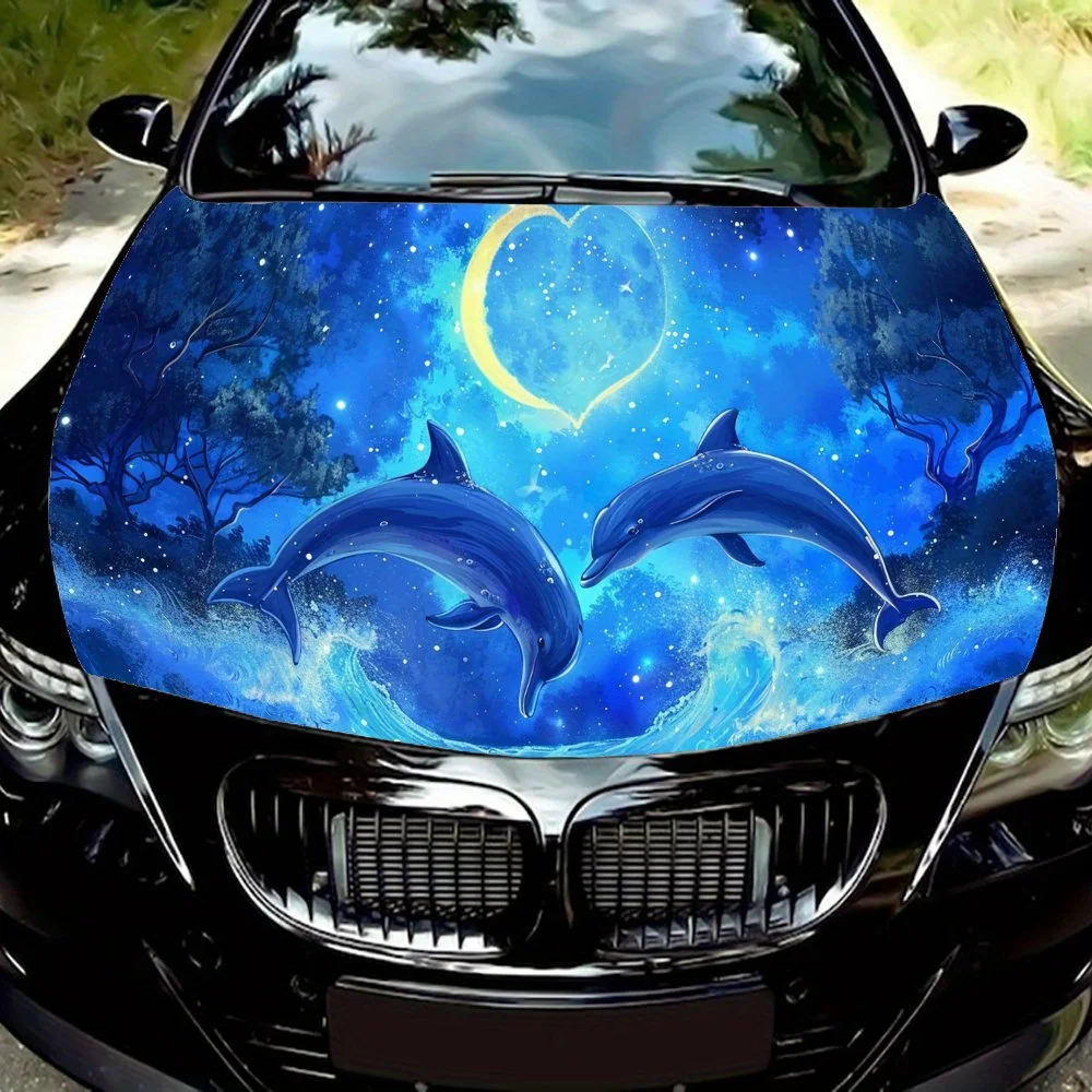 

Blue Starry Jump Dolphin PVC Car Vinyl Wraps, Self-Adhesive Waterproof Car Hood Decal Sticker, Car Decoration Protection Sticker