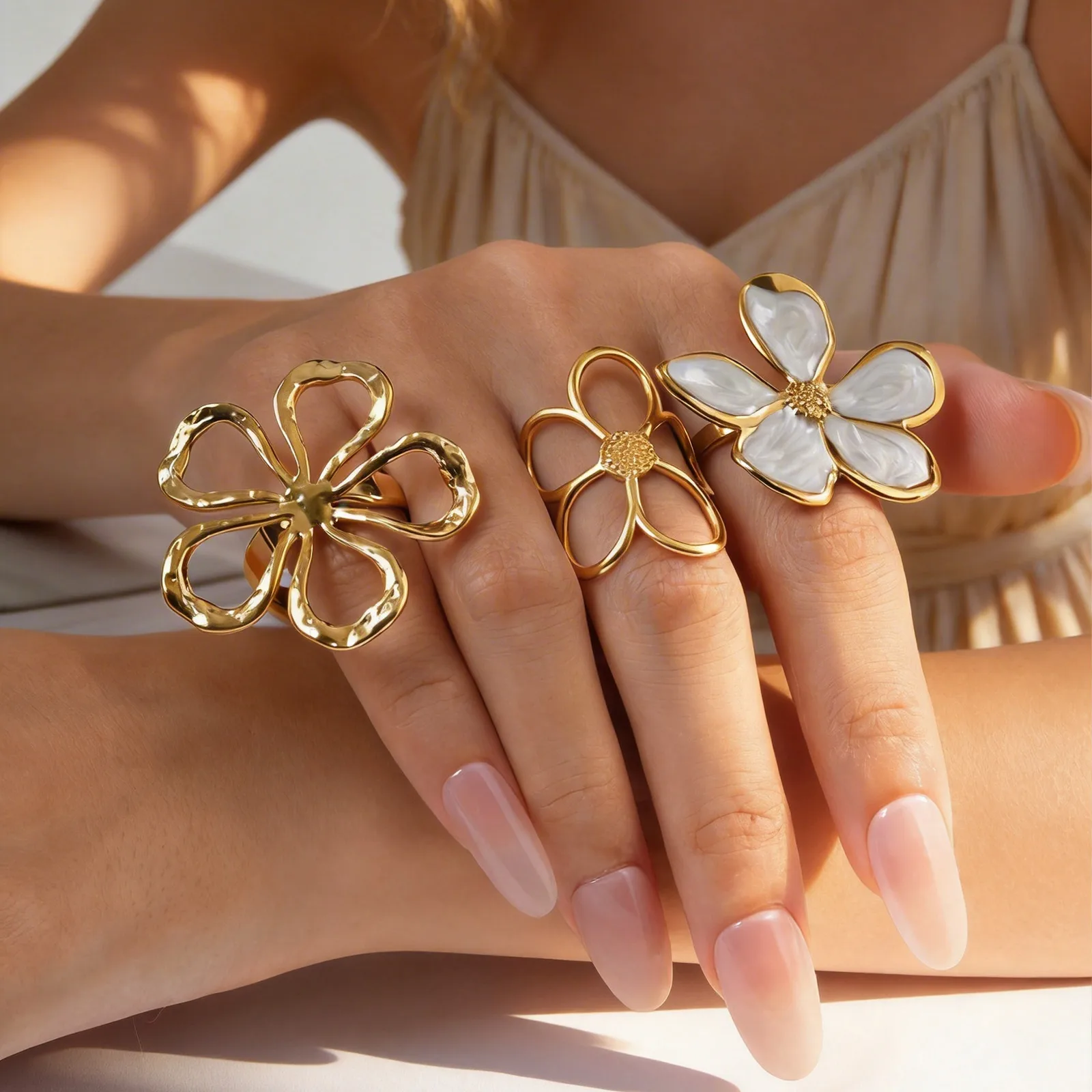 FlowerRings,FrenchVintageStyle18KGoldPlatedLargeHollowFloralStatementRingAestheticOpenAdjustableJewelryforWome