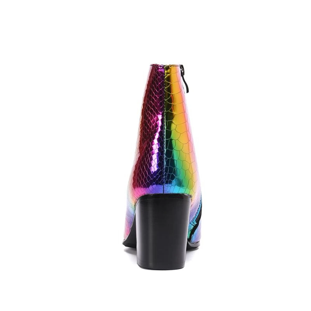 Genuine Leather High Heels Rainbow Color Laser Pointed Toe Boots Male Club Prom Dance Party Stage Perform Men Zipper Shoes