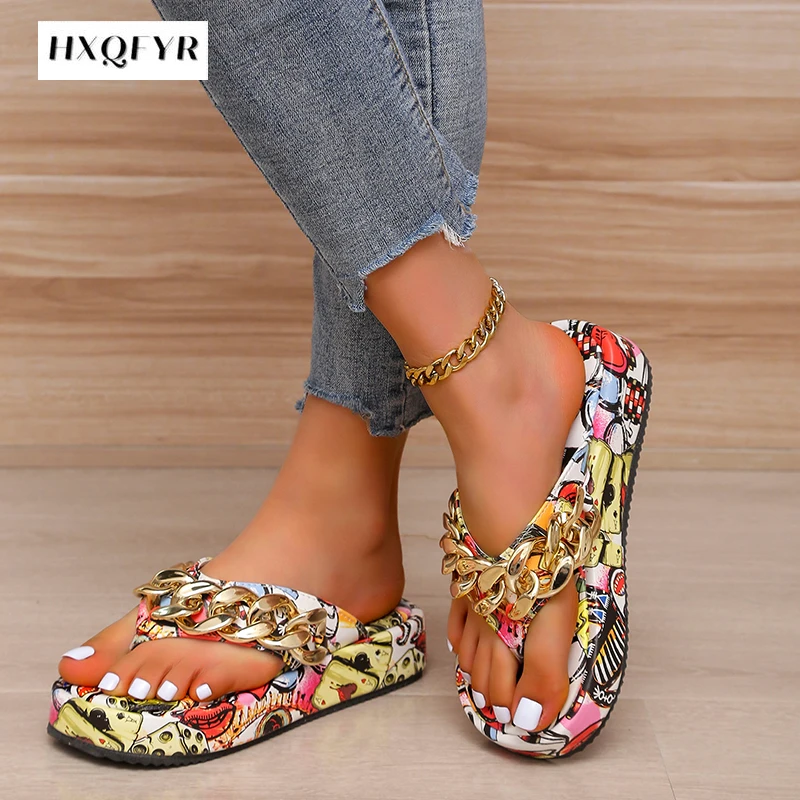 2022 Summer Women Newest Fashion Chain Flip-flops Sandal Slippers Shoes Woman Flat Platform Sandals Casual Flat Slippers Slides