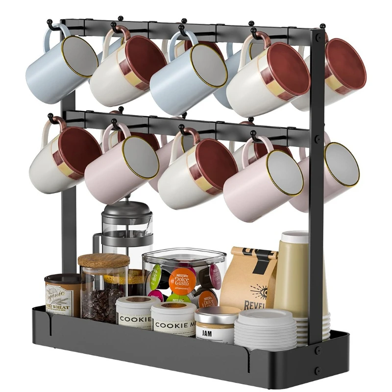 Mobile hook coffee cup rack, multi-layer non-drill mug rack for home kitchens, miscellaneous storage rack