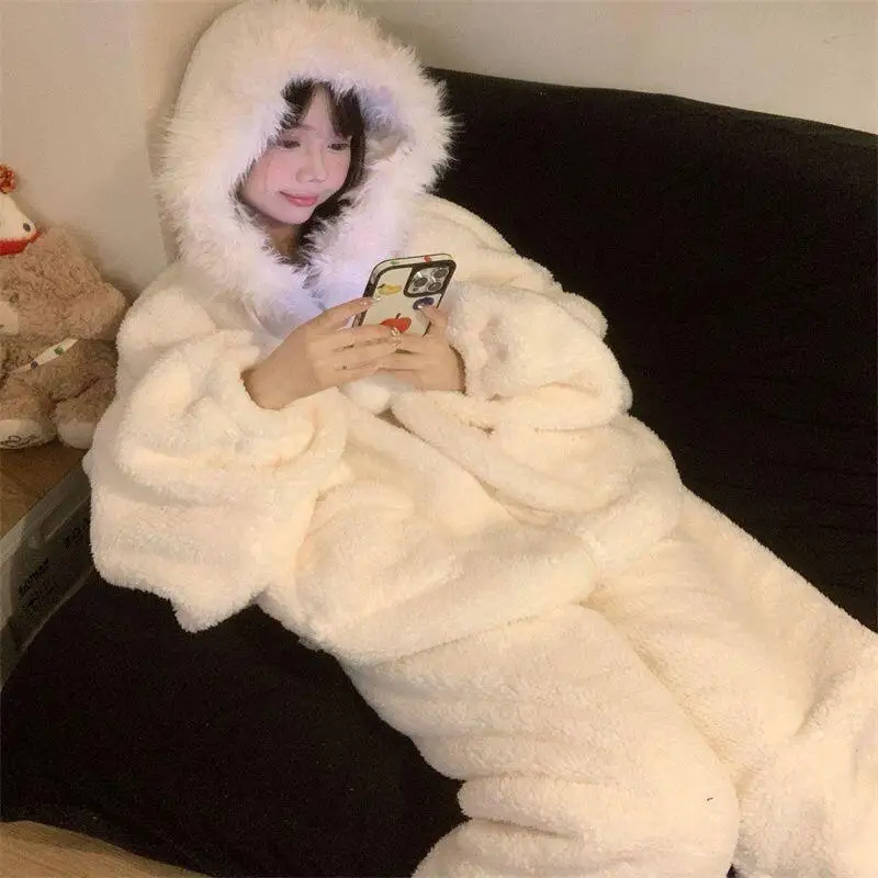 طقم بيجامة نسائي من الصوف المرجاني من Pjs بيجامة شتوية دافئة ملابس منزلية عصرية، طقم بيجامة لطيف وناعم #4