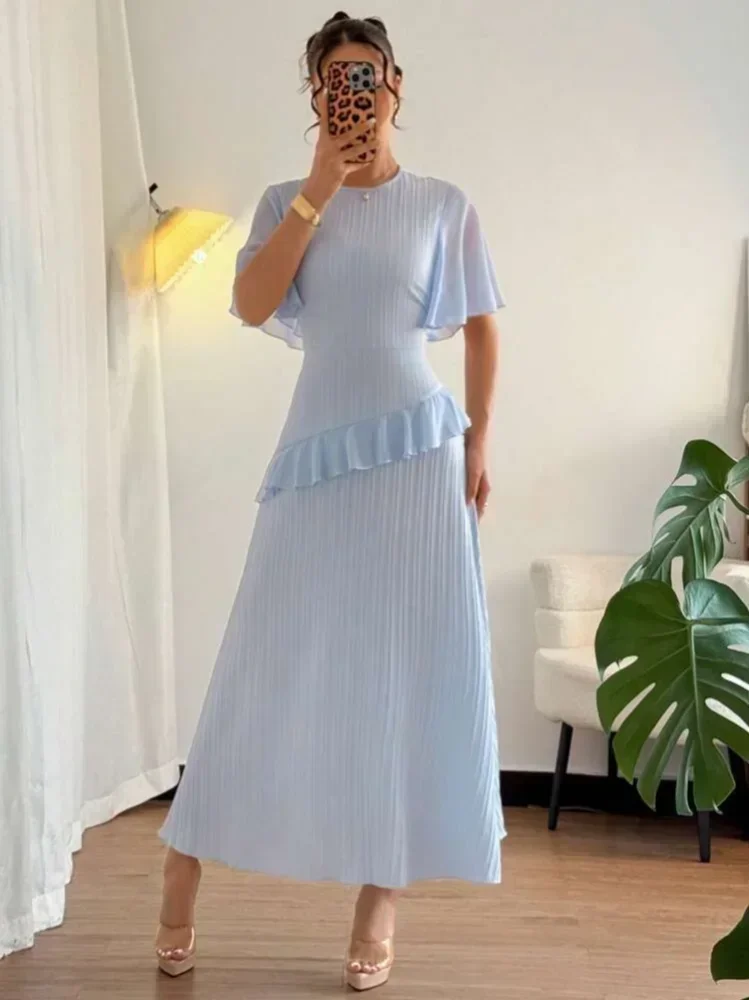 Sólido plissado plissado guarnição maxi vestido feminino em torno do pescoço manga flutter bodycon hem cabido vestidos elegante jantar senhora vestido