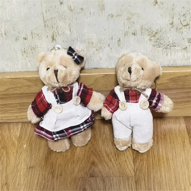 Kawaii Matching Couple Teddy Bear Keychain Soft Fluffy Plush Doll Grid Clothes Mini Bear Pendant Wedding Favor Backpack Decor