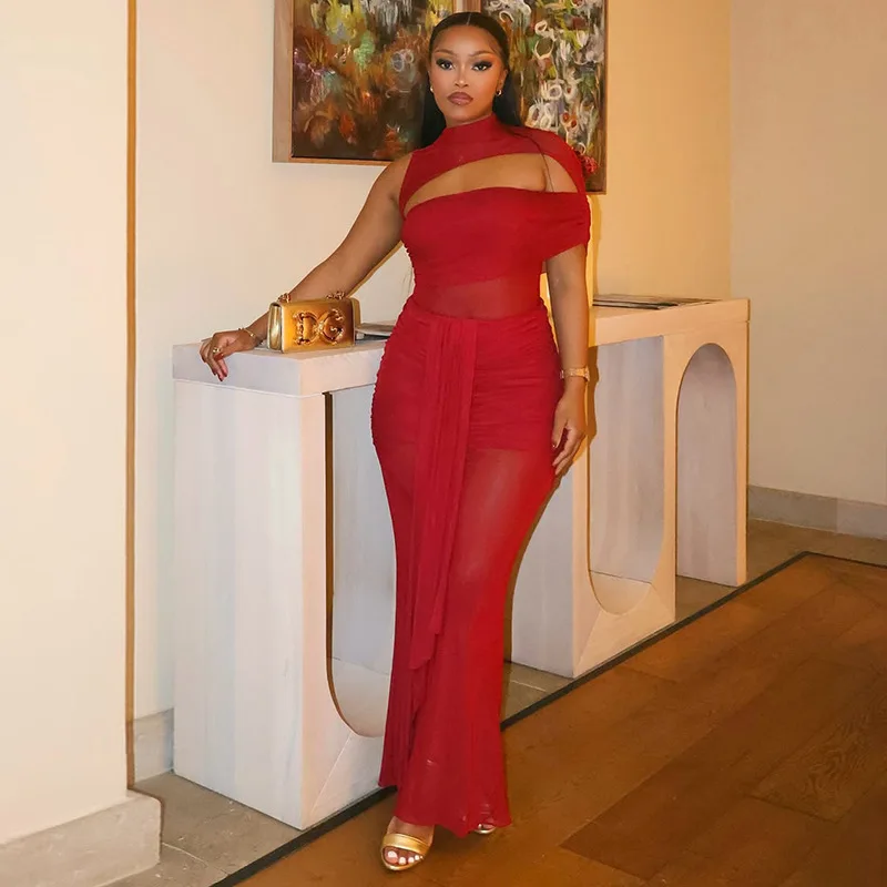 Sukienka maxi na imprezę z wycięciami, siateczką, patchworkiem, marszczeniami, dopasowana, elegancka, seksowna, z jednym ramieniem, długa, wyszczuplająca.