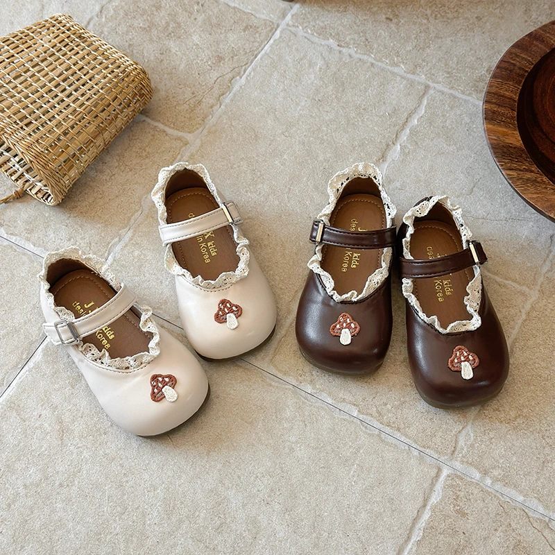 

2026 New Children's Flat Shoes Sweet Lace Ruffled Edge Girls Leather Shoes Non-slip Soft Kids Causal Princess Mary Jane Shoes