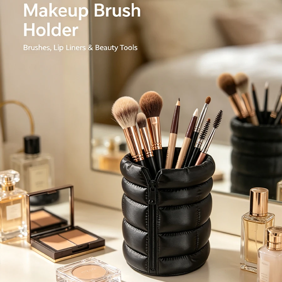 Black Quilted Puff Makeup Brush Holder, 3D Printed Fluffy Vanity Brush Storage Cup, High Aesthetic Makeup Brush Storage Container, Modern Style Women's Vanity Table Decoration