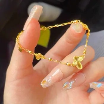 New 24K pure gold laser butterfly bracelet for women super shiny butterfly jewelry AU999 real gold luck beads jewelry