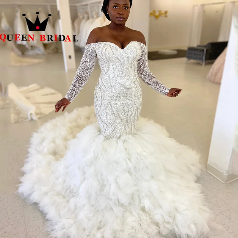 

Exquisite Long Sleeve Sweetheart Wedding Dress Beading Sequined Ruffles Train Mermaid Bridal Gown Robe De Mariée Custom S05Y