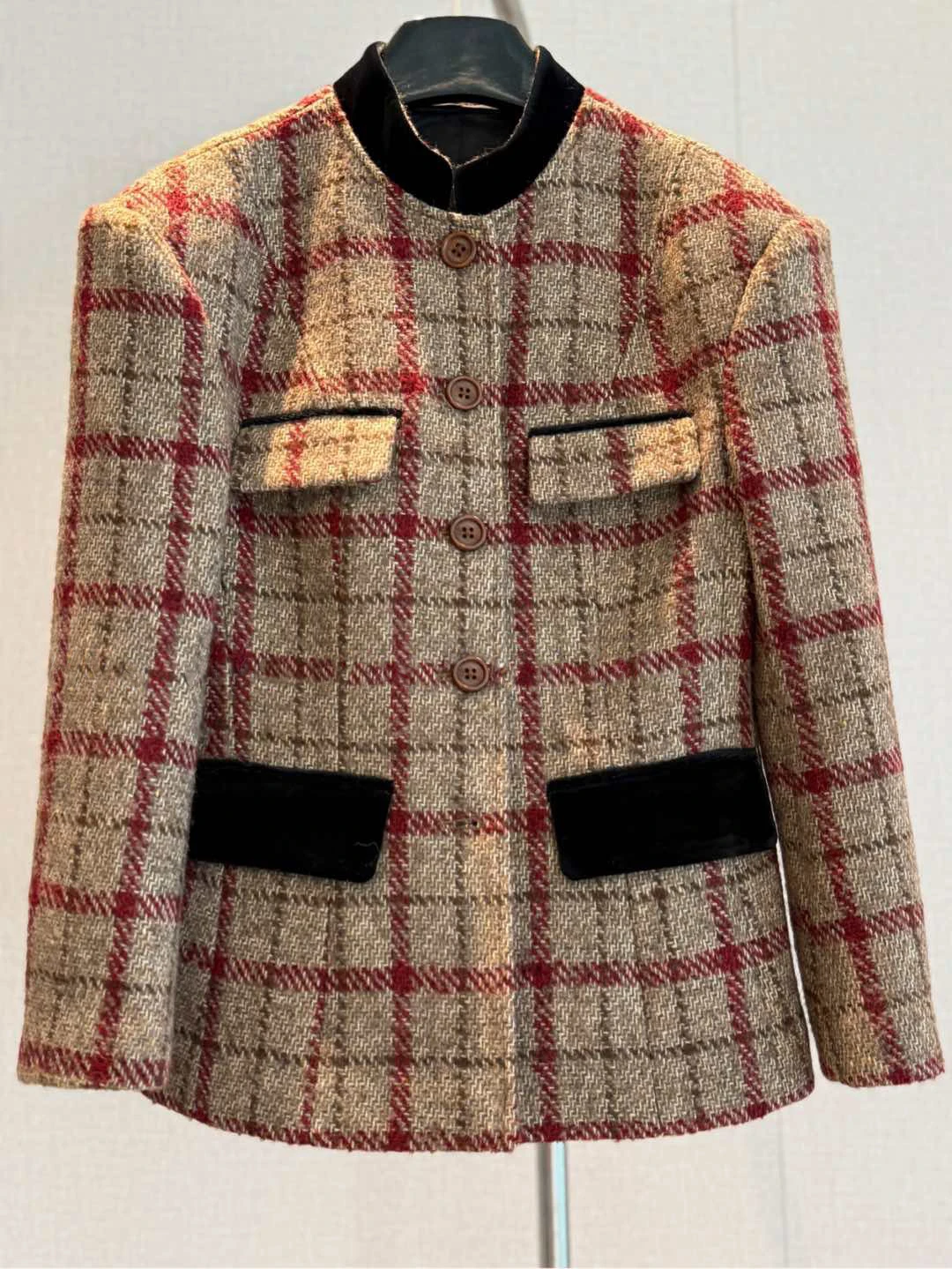 EVACANDIS Women Stand Collar Wool Velvet Patchwork New Plaid Coat Elegant Vintage Jacket Single Breasted High Quality Outwear